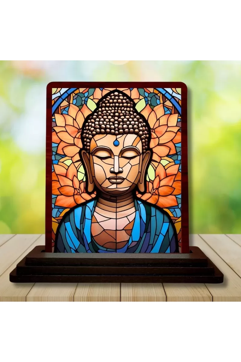Car Desk/Table Top Lord Buddha Wooden Photo Stand  3x4 Inches, Compact & Stylish Spiritual Display For Car, Home & Office (Pack Of 1) (F14468)