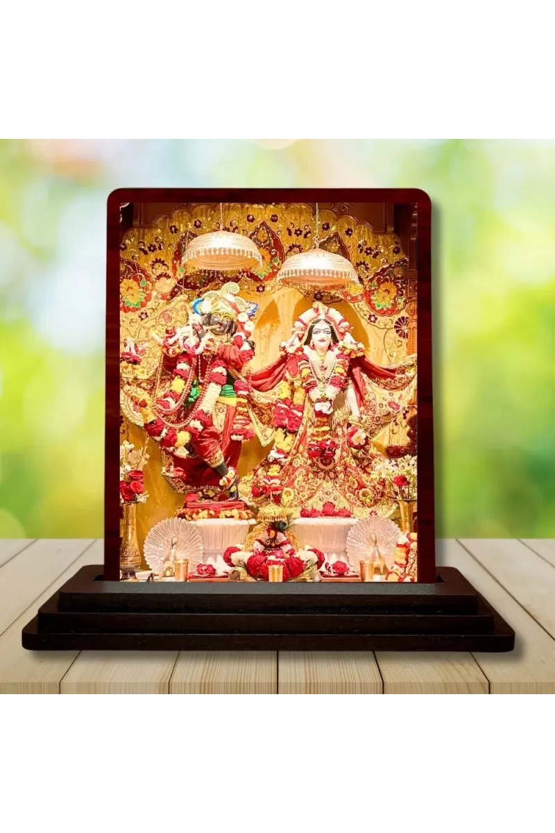 Car Desk/Table Top Radha Krishna Wooden Photo Stand  3x4 Inches, Compact & Stylish Spiritual Display For Car, Home & Office (Pack Of 1) (F14470)