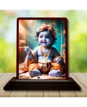 Car Desk/Table Top Lord Krishna Wooden Photo Stand  3x4 Inches, Compact & Stylish Spiritual Display For Car, Home & Office (Pack Of 1) (F14473)