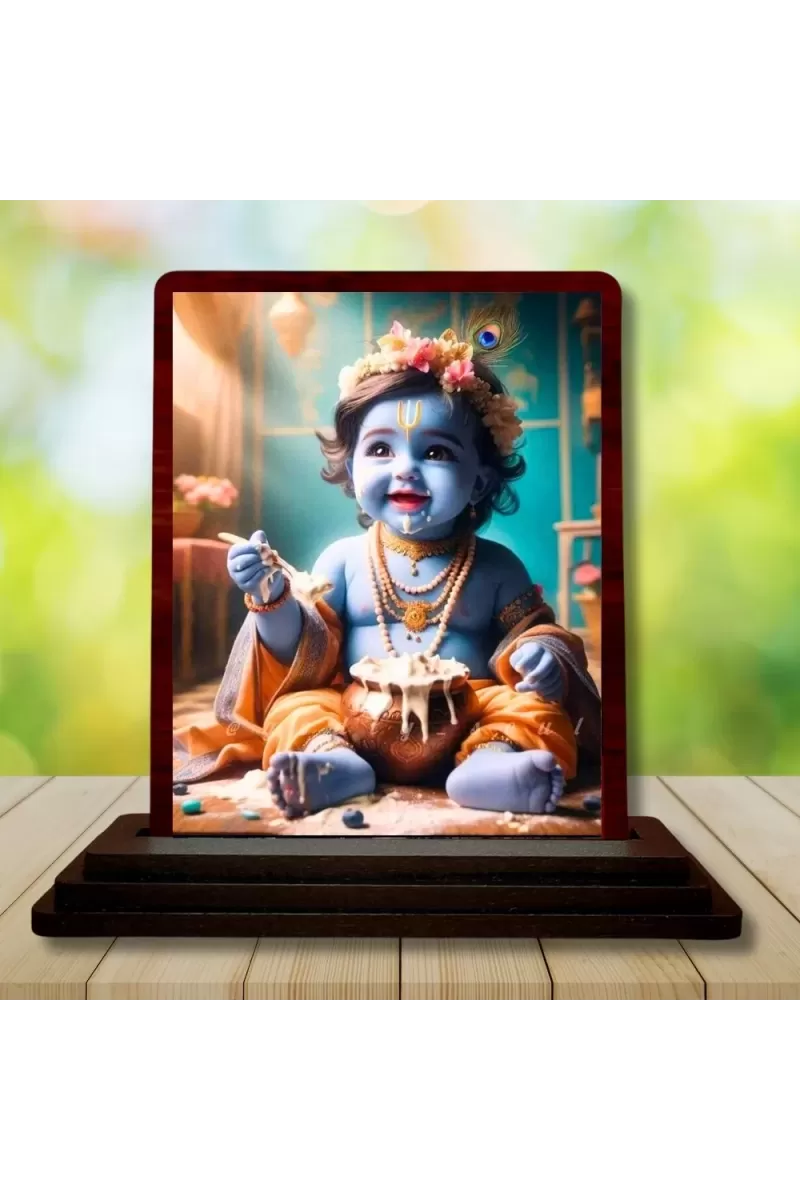 Car Desk/Table Top Lord Krishna Wooden Photo Stand  3x4 Inches, Compact & Stylish Spiritual Display For Car, Home & Office (Pack Of 1) (F14473)