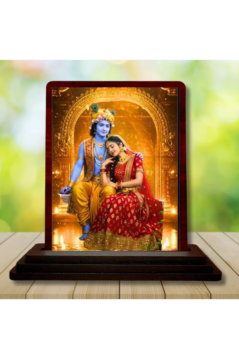 Car Desk/Table Top Radha Krishna Wooden Photo Stand  3x4 Inches, Compact & Stylish Spiritual Display For Car, Home & Office (Pack Of 1) (F14474)