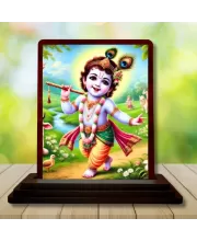 Car Desk/Table Top Lord Krishna Wooden Photo Stand  3x4 Inches, Compact & Stylish Spiritual Display For Car, Home & Office (Pack Of 1) (F14475)