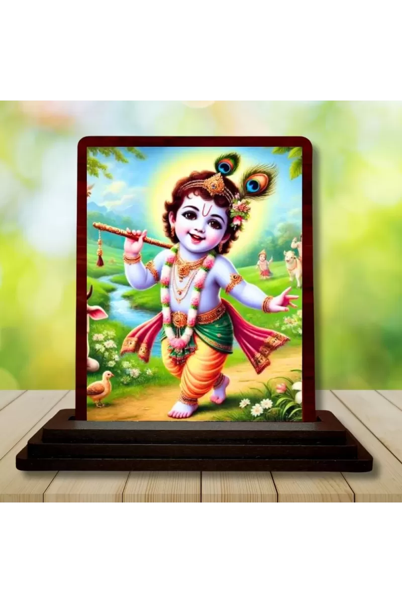 Car Desk/Table Top Lord Krishna Wooden Photo Stand  3x4 Inches, Compact & Stylish Spiritual Display For Car, Home & Office (Pack Of 1) (F14475)