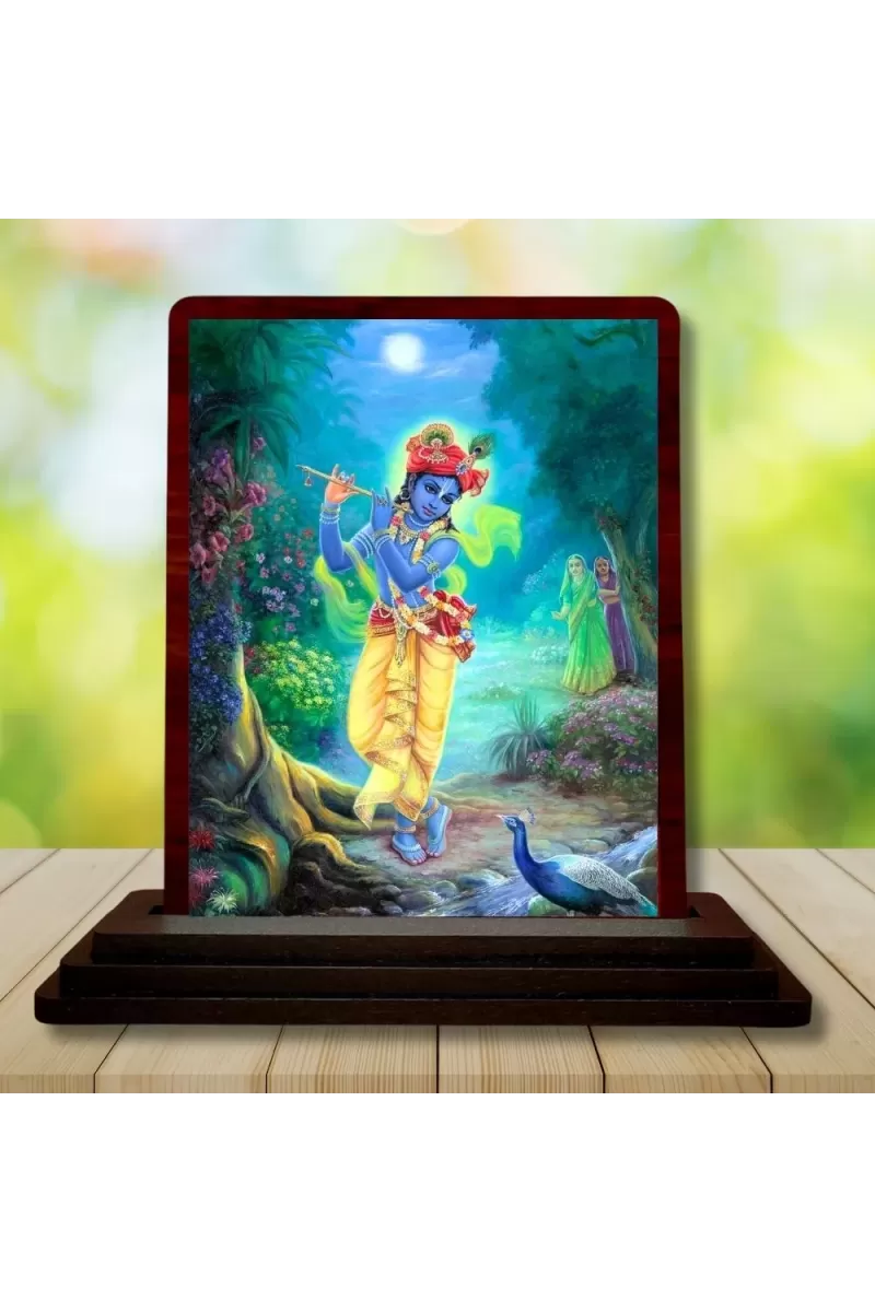 Car Desk/Table Top Lord Krishna Wooden Photo Stand  3x4 Inches, Compact & Stylish Spiritual Display For Car, Home & Office (Pack Of 1) (F14479)