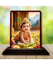 Car Desk/Table Top Lord Krishna Wooden Photo Stand  3x4 Inches, Compact & Stylish Spiritual Display For Car, Home & Office (Pack Of 1) (F14480)