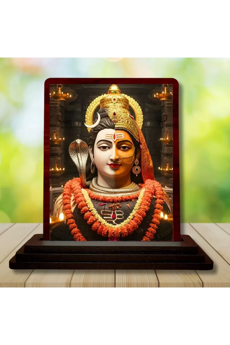 Car Desk/Table Top Lord Shiva Arthanarishwara Wooden Photo Stand  3x4 Inches, Compact & Stylish Spiritual Display For Car, Home & Office (Pack Of 1) (F14481)