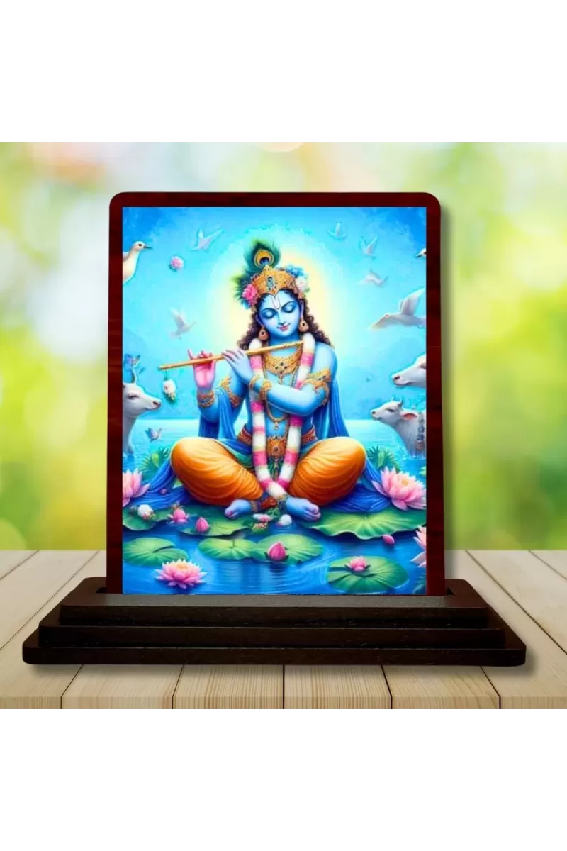 Car Desk/Table Top Lord Krishna Wooden Photo Stand  3x4 Inches, Compact & Stylish Spiritual Display For Car, Home & Office (Pack Of 1) (F14483)