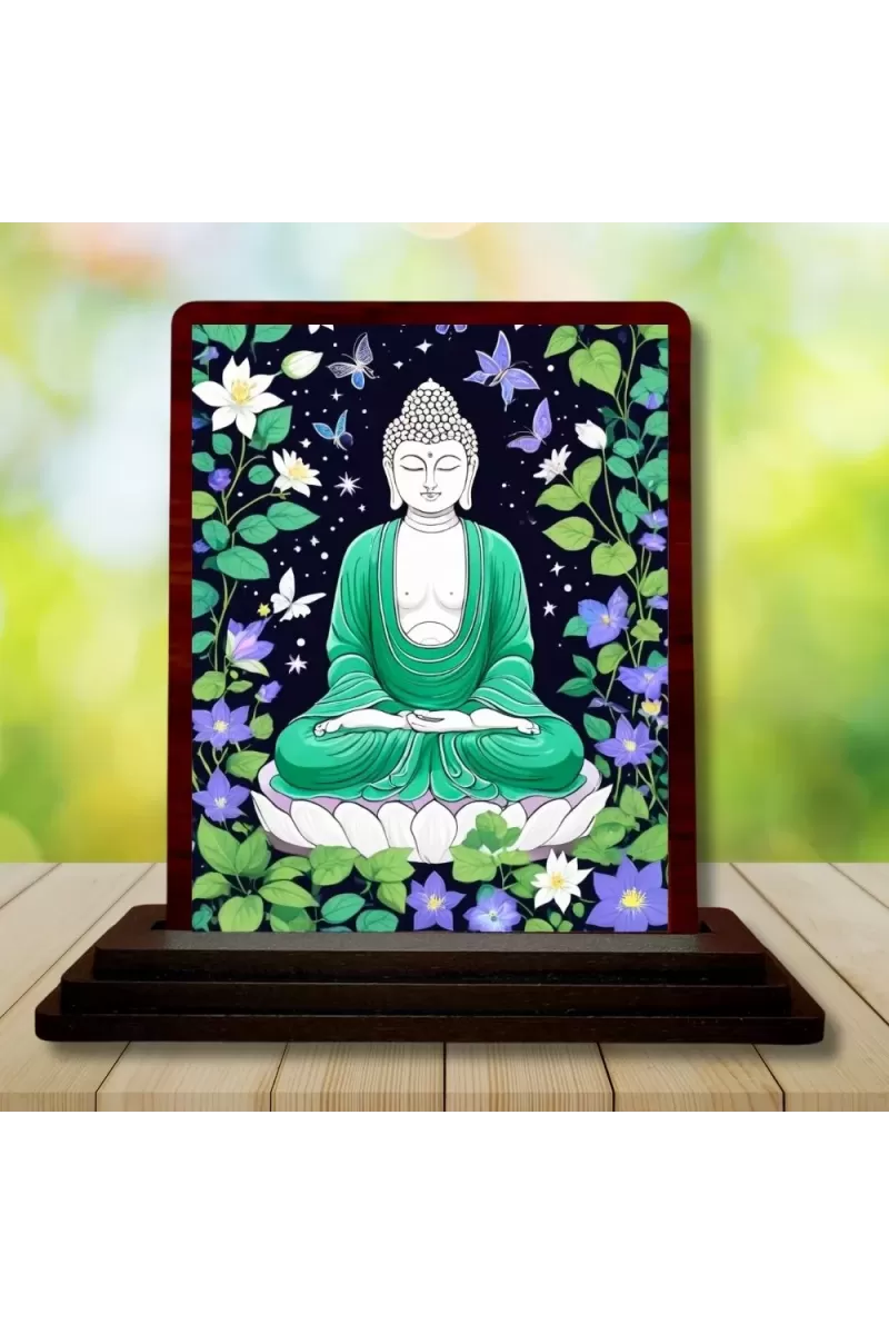 Car Desk/Table Top Lord Buddha Wooden Photo Stand  3x4 Inches, Compact & Stylish Spiritual Display For Car, Home & Office (Pack Of 1) (F14484)