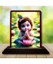 Car Desk/Table Top Lord Krishna Wooden Photo Stand  3x4 Inches, Compact & Stylish Spiritual Display For Car, Home & Office (Pack Of 1) (F14485)