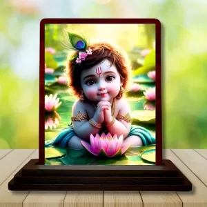 Car Desk/Table Top Lord Krishna Wooden Photo Stand  3x4 Inches, Compact & Stylish Spiritual Display For Car, Home & Office (Pack Of 1) (F14485)
