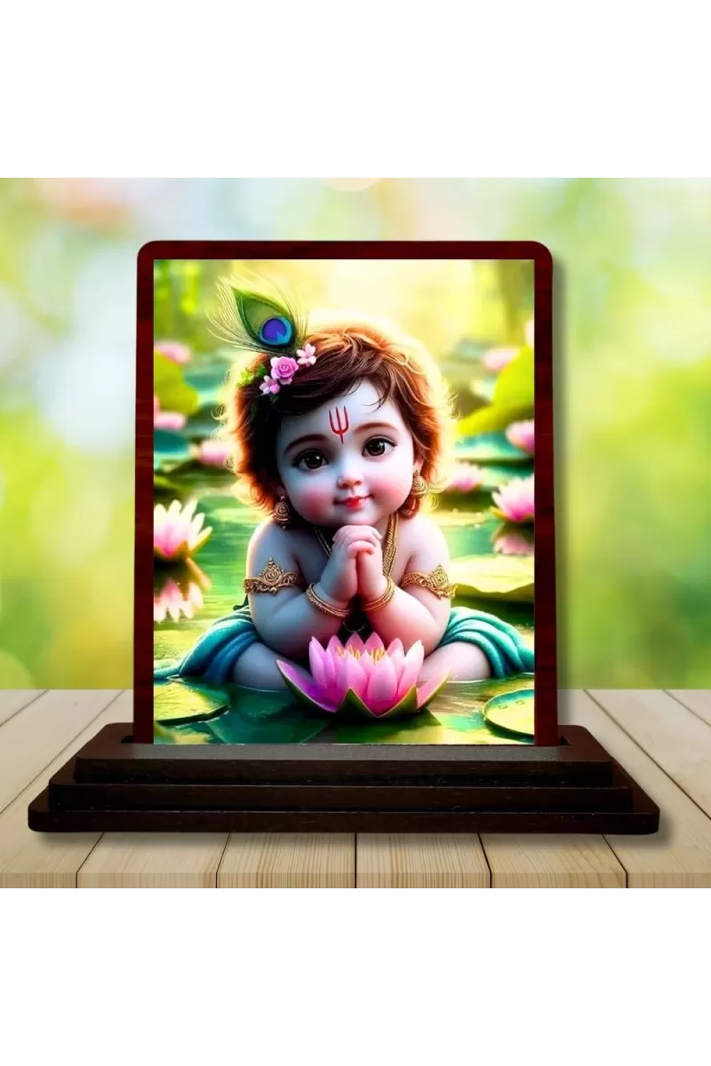Car Desk/Table Top Lord Krishna Wooden Photo Stand  3x4 Inches, Compact & Stylish Spiritual Display For Car, Home & Office (Pack Of 1) (F14485)