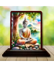 Car Desk/Table Top Lord Buddha Wooden Photo Stand  3x4 Inches, Compact & Stylish Spiritual Display For Car, Home & Office (Pack Of 1) (F14486)