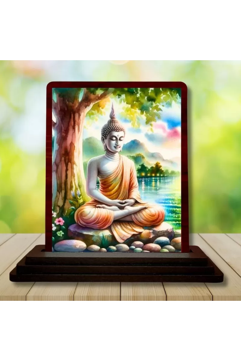 Car Desk/Table Top Lord Buddha Wooden Photo Stand  3x4 Inches, Compact & Stylish Spiritual Display For Car, Home & Office (Pack Of 1) (F14486)