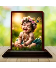 Car Desk/Table Top Lord Krishna Wooden Photo Stand  3x4 Inches, Compact & Stylish Spiritual Display For Car, Home & Office (Pack Of 1) (F14487)