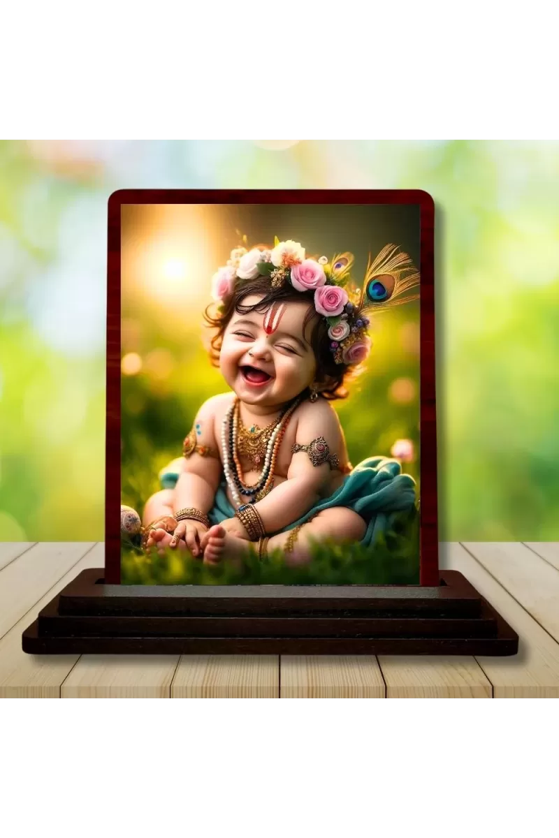 Car Desk/Table Top Lord Krishna Wooden Photo Stand  3x4 Inches, Compact & Stylish Spiritual Display For Car, Home & Office (Pack Of 1) (F14487)
