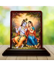 Car Desk/Table Top Radha Krishna Wooden Photo Stand  3x4 Inches, Compact & Stylish Spiritual Display For Car, Home & Office (Pack Of 1) (F14489)