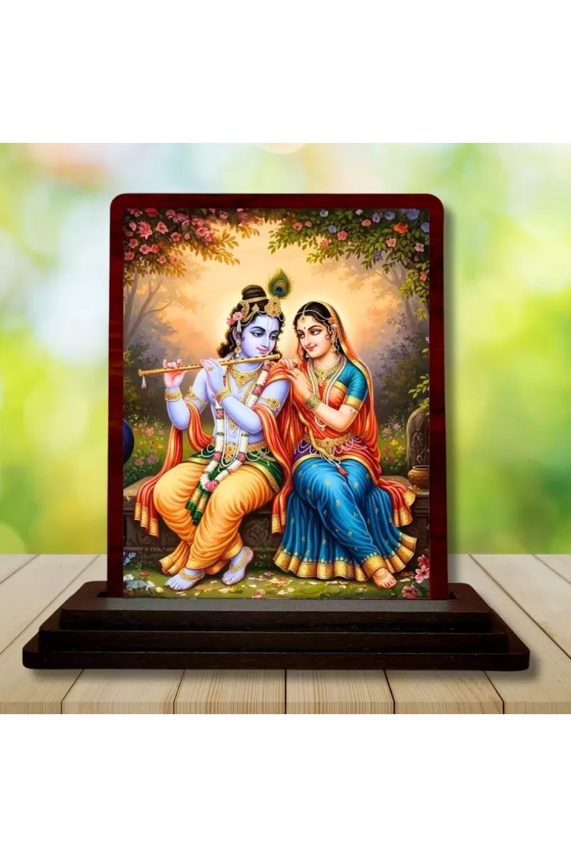 Car Desk/Table Top Radha Krishna Wooden Photo Stand  3x4 Inches, Compact & Stylish Spiritual Display For Car, Home & Office (Pack Of 1) (F14489)