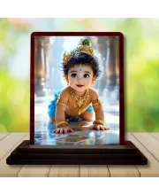 Car Desk/Table Top Lord Krishna Wooden Photo Stand  3x4 Inches, Compact & Stylish Spiritual Display For Car, Home & Office (Pack Of 1) (F14490)