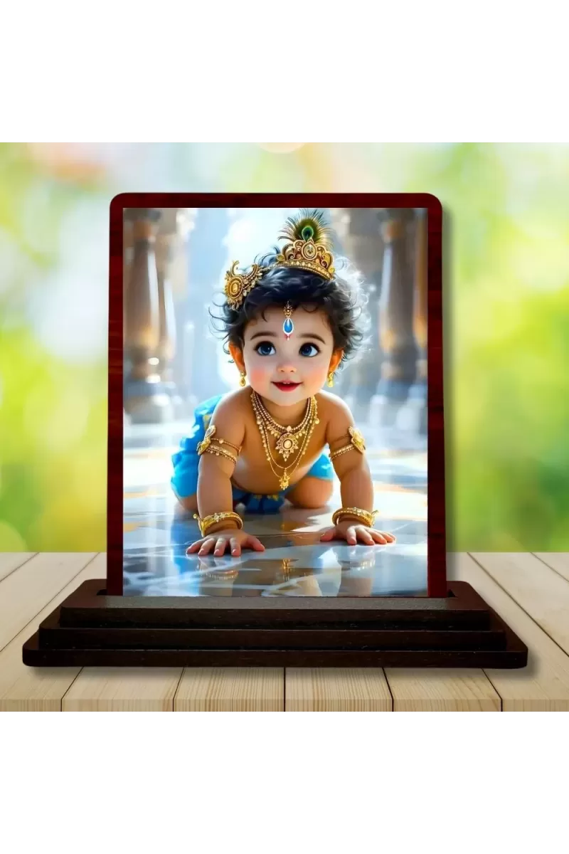 Car Desk/Table Top Lord Krishna Wooden Photo Stand  3x4 Inches, Compact & Stylish Spiritual Display For Car, Home & Office (Pack Of 1) (F14490)