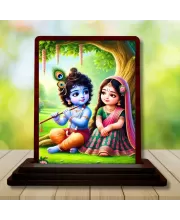 Car Desk/Table Top Radha Krishna Wooden Photo Stand  3x4 Inches, Compact & Stylish Spiritual Display For Car, Home & Office (Pack Of 1) (F14492)