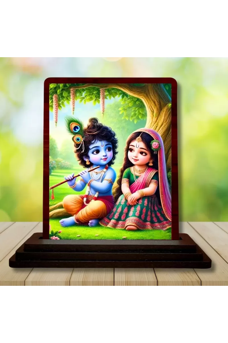 Car Desk/Table Top Radha Krishna Wooden Photo Stand  3x4 Inches, Compact & Stylish Spiritual Display For Car, Home & Office (Pack Of 1) (F14492)