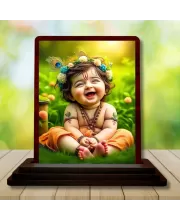 Car Desk/Table Top Lord Krishna Wooden Photo Stand  3x4 Inches, Compact & Stylish Spiritual Display For Car, Home & Office (Pack Of 1) (F14494)