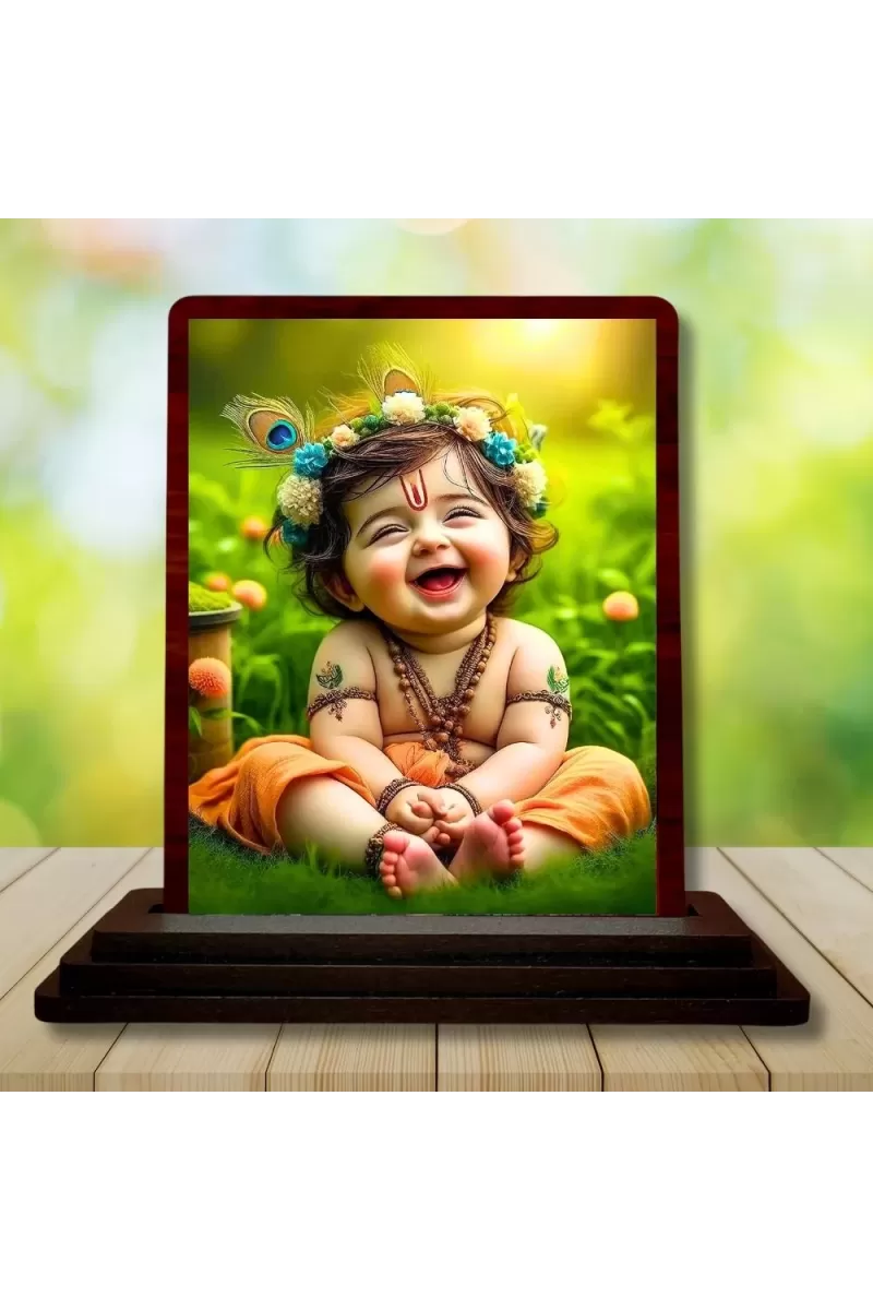 Car Desk/Table Top Lord Krishna Wooden Photo Stand  3x4 Inches, Compact & Stylish Spiritual Display For Car, Home & Office (Pack Of 1) (F14494)