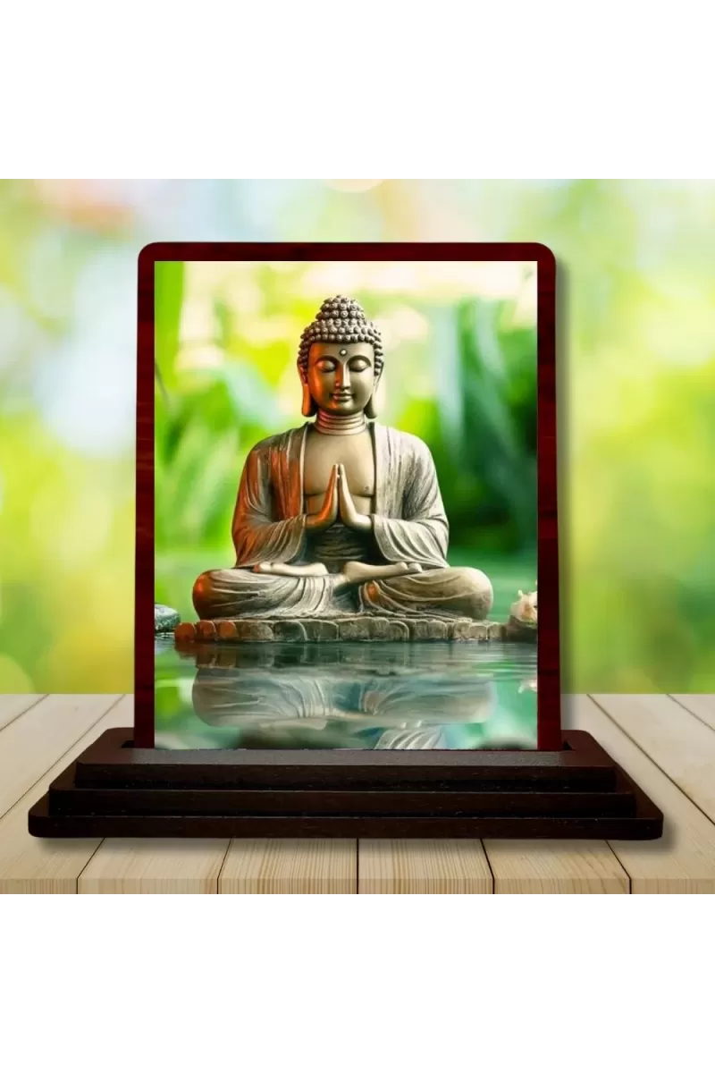 Car Desk/Table Top Lord Buddha Wooden Photo Stand  3x4 Inches, Compact & Stylish Spiritual Display For Car, Home & Office (Pack Of 1) (F14495)