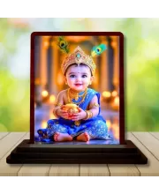 Car Desk/Table Top Lord Krishna Wooden Photo Stand  3x4 Inches, Compact & Stylish Spiritual Display For Car, Home & Office (Pack Of 1) (F14496)