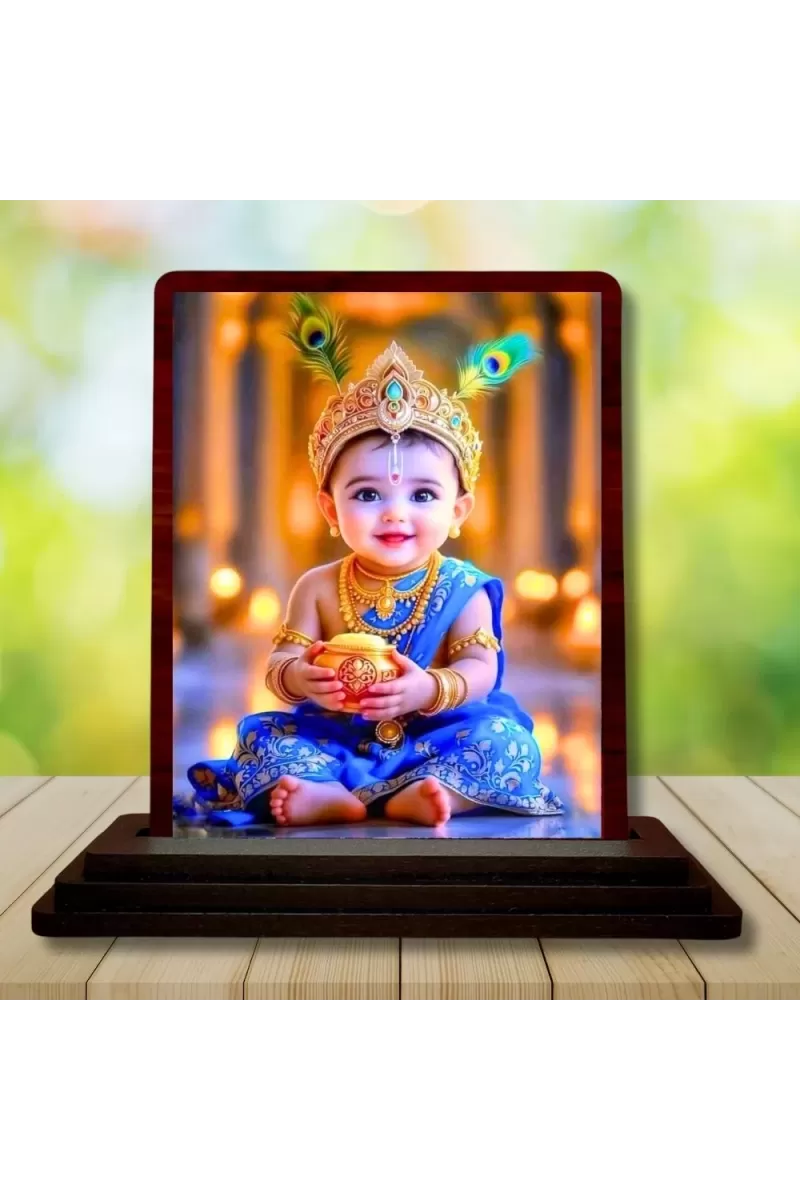 Car Desk/Table Top Lord Krishna Wooden Photo Stand  3x4 Inches, Compact & Stylish Spiritual Display For Car, Home & Office (Pack Of 1) (F14496)