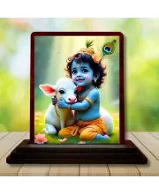 Car Desk/Table Top Lord Krishna Wooden Photo Stand  3x4 Inches, Compact & Stylish Spiritual Display For Car, Home & Office (Pack Of 1) (F14501)