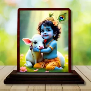 Car Desk/Table Top Lord Krishna Wooden Photo Stand  3x4 Inches, Compact & Stylish Spiritual Display For Car, Home & Office (Pack Of 1) (F14501)