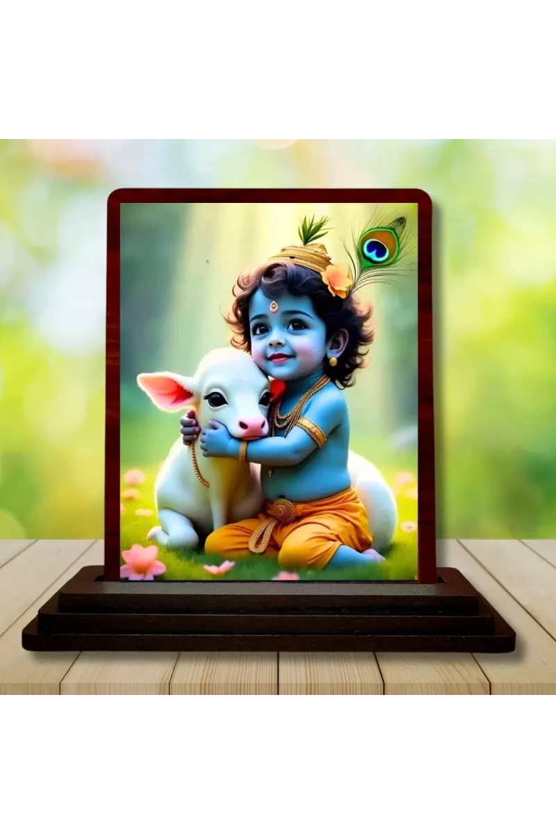 Car Desk/Table Top Lord Krishna Wooden Photo Stand  3x4 Inches, Compact & Stylish Spiritual Display For Car, Home & Office (Pack Of 1) (F14501)