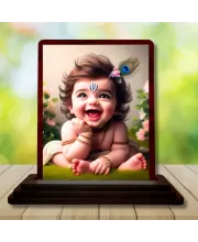 Car Desk/Table Top Lord Krishna Wooden Photo Stand  3x4 Inches, Compact & Stylish Spiritual Display For Car, Home & Office (Pack Of 1) (F14503)