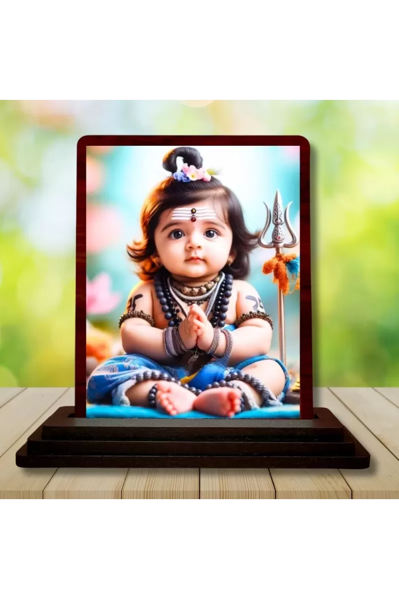 Car Desk/Table Top Lord Shiva Wooden Photo Stand  3x4 Inches, Compact & Stylish Spiritual Display For Car, Home & Office (Pack Of 1) (F14505)