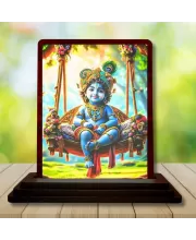 Car Desk/Table Top Lord Krishna Wooden Photo Stand  3x4 Inches, Compact & Stylish Spiritual Display For Car, Home & Office (Pack Of 1) (F14506)