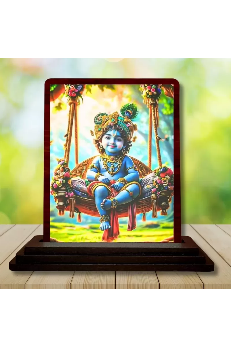 Car Desk/Table Top Lord Krishna Wooden Photo Stand  3x4 Inches, Compact & Stylish Spiritual Display For Car, Home & Office (Pack Of 1) (F14506)