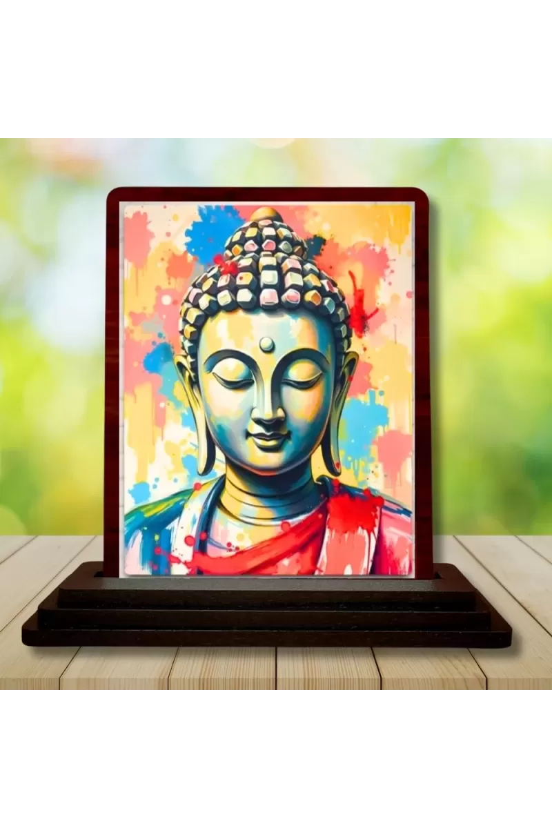 Car Desk/Table Top Lord Buddha Wooden Photo Stand  3x4 Inches, Compact & Stylish Spiritual Display For Car, Home & Office (Pack Of 1) (F14507)
