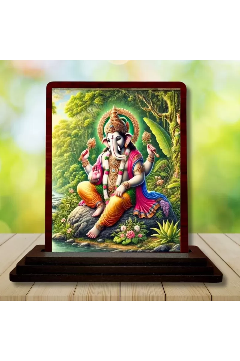 Car Desk/Table Top Lord Ganesha Wooden Photo Stand  3x4 Inches, Compact & Stylish Spiritual Display For Car, Home & Office (Pack Of 1) (F14509)