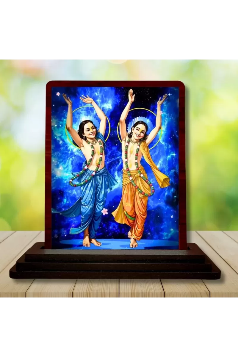 Car Desk/Table Top Gaura Nitai  Wooden Photo Stand  3x4 Inches, Compact & Stylish Spiritual Display For Car, Home & Office (Pack Of 1) (F14510)
