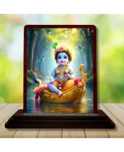 Car Desk/Table Top Lord Krishna Wooden Photo Stand  3x4 Inches, Compact & Stylish Spiritual Display For Car, Home & Office (Pack Of 1) (F14511)