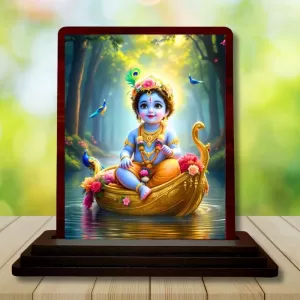 Car Desk/Table Top Lord Krishna Wooden Photo Stand  3x4 Inches, Compact & Stylish Spiritual Display For Car, Home & Office (Pack Of 1) (F14511)