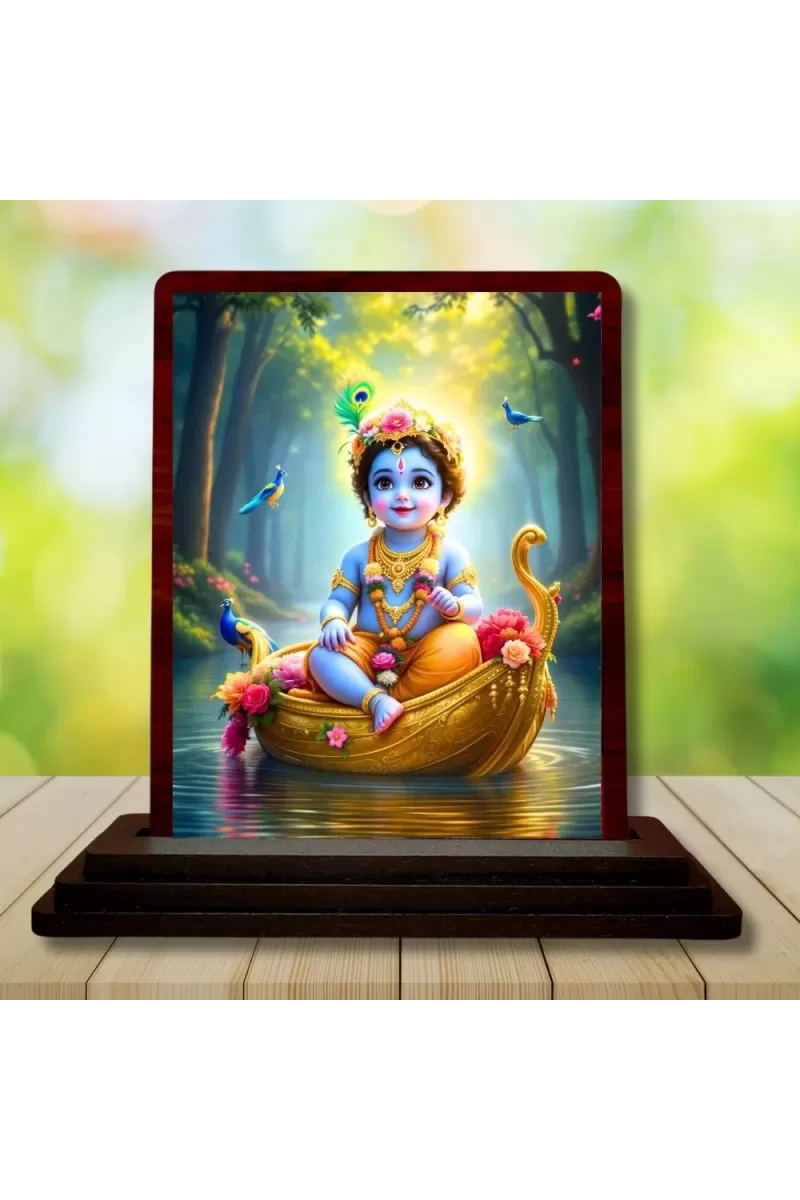 Car Desk/Table Top Lord Krishna Wooden Photo Stand  3x4 Inches, Compact & Stylish Spiritual Display For Car, Home & Office (Pack Of 1) (F14511)