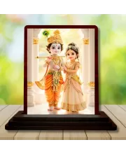 Car Desk/Table Top Radha Krishna Wooden Photo Stand  3x4 Inches, Compact & Stylish Spiritual Display For Car, Home & Office (Pack Of 1) (F14512)