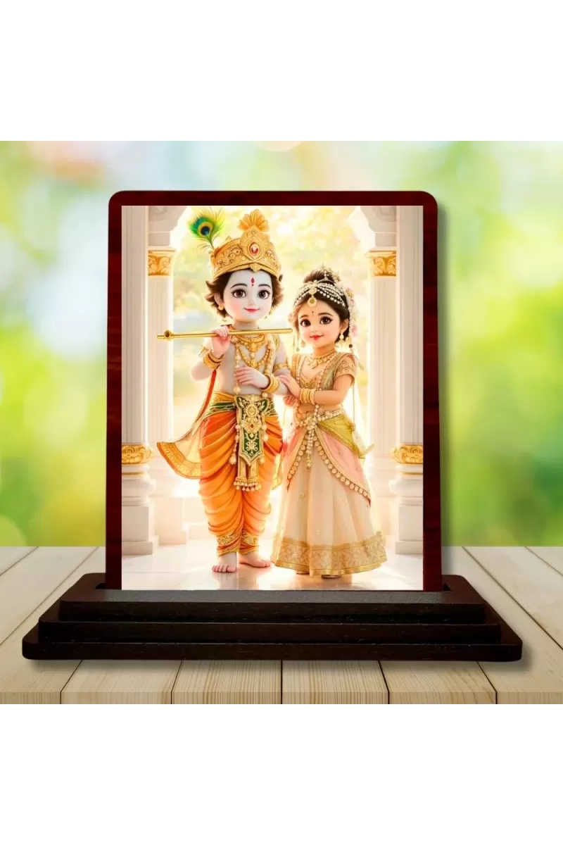 Car Desk/Table Top Radha Krishna Wooden Photo Stand  3x4 Inches, Compact & Stylish Spiritual Display For Car, Home & Office (Pack Of 1) (F14512)