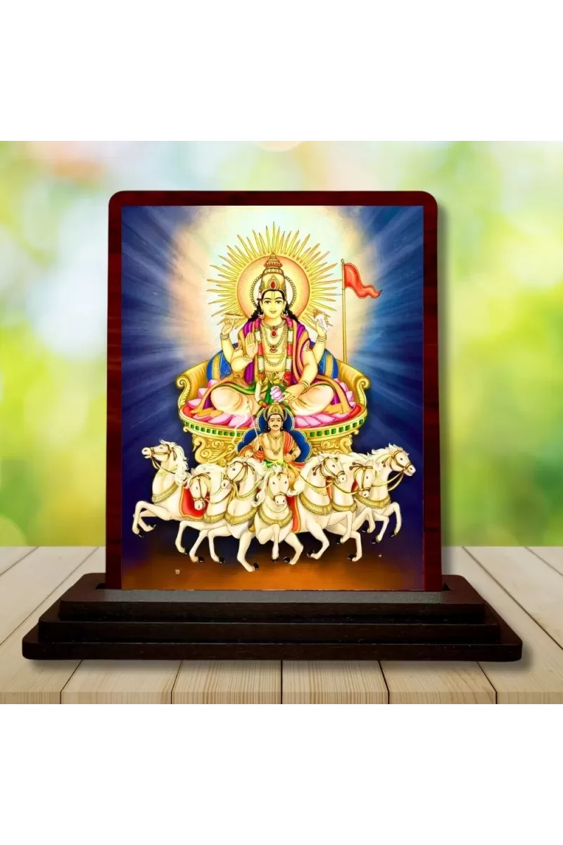 Car Desk/Table Top Lord Surya Wooden Photo Stand  3x4 Inches, Compact & Stylish Spiritual Display For Car, Home & Office (Pack Of 1) (F14514)
