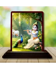 Car Desk/Table Top Lord Krishna Wooden Photo Stand  3x4 Inches, Compact & Stylish Spiritual Display For Car, Home & Office (Pack Of 1) (F14515)