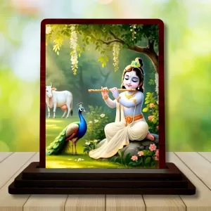 Car Desk/Table Top Lord Krishna Wooden Photo Stand  3x4 Inches, Compact & Stylish Spiritual Display For Car, Home & Office (Pack Of 1) (F14515)