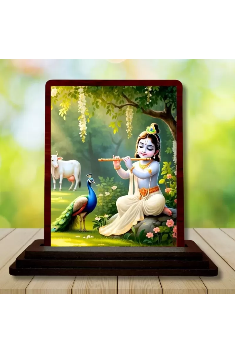 Car Desk/Table Top Lord Krishna Wooden Photo Stand  3x4 Inches, Compact & Stylish Spiritual Display For Car, Home & Office (Pack Of 1) (F14515)