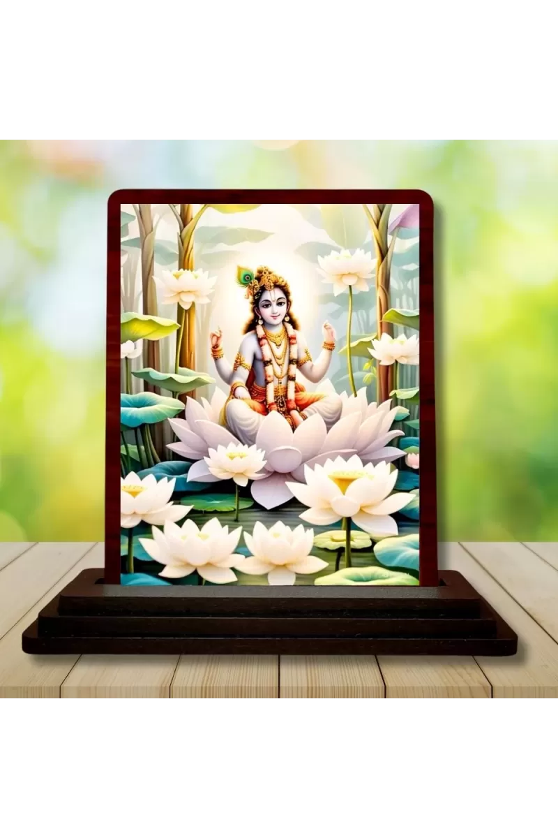 Car Desk/Table Top Lord Krishna Wooden Photo Stand  3x4 Inches, Compact & Stylish Spiritual Display For Car, Home & Office (Pack Of 1) (F14516)